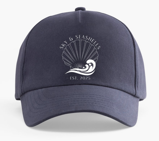 “Sky & Seashells” Adjustable Baseball Cap - Navy Blue/White