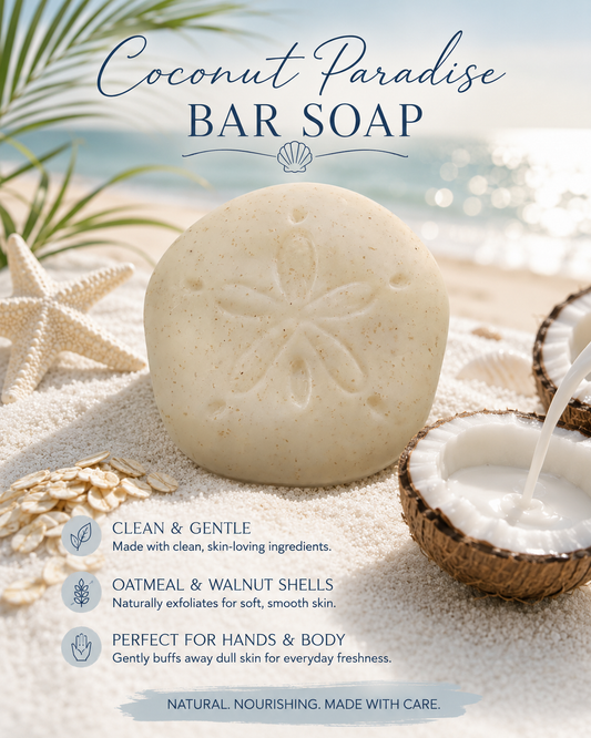 “Coconut Paradise” Scented Bar Soap With Oatmeal & Walnut Shells